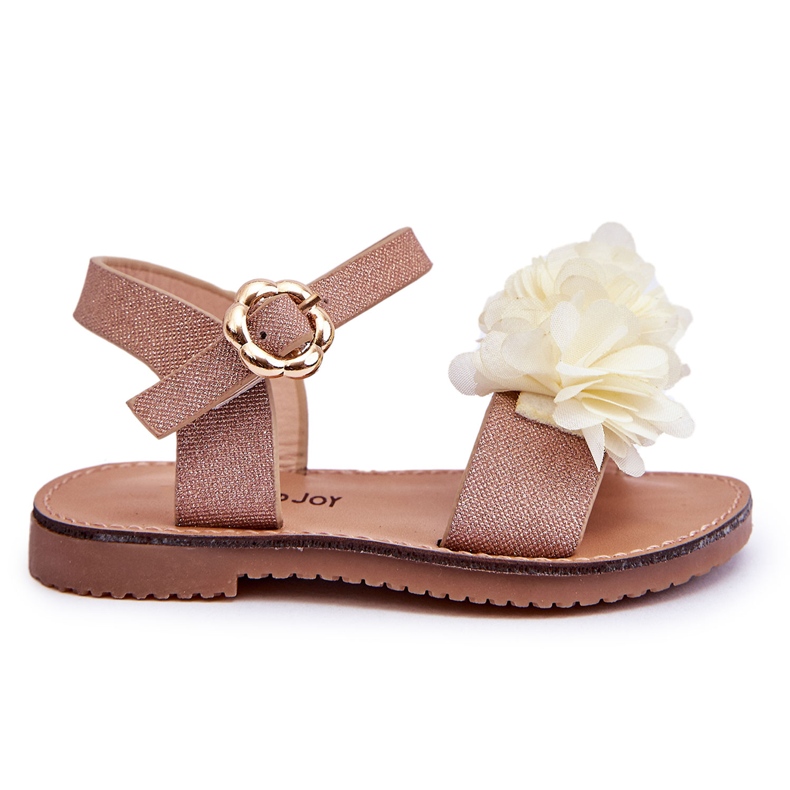 Sandálias infantis da moda com flores de poliéster bege-douradas