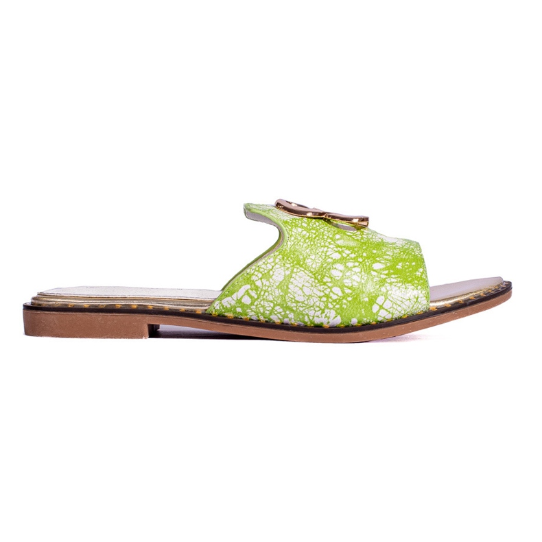 Chinelos de mulher verdes com decoração dourada da Shelovet