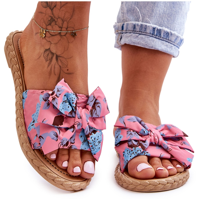 FK1 Chinelos femininos com laço de tecido flor rosa