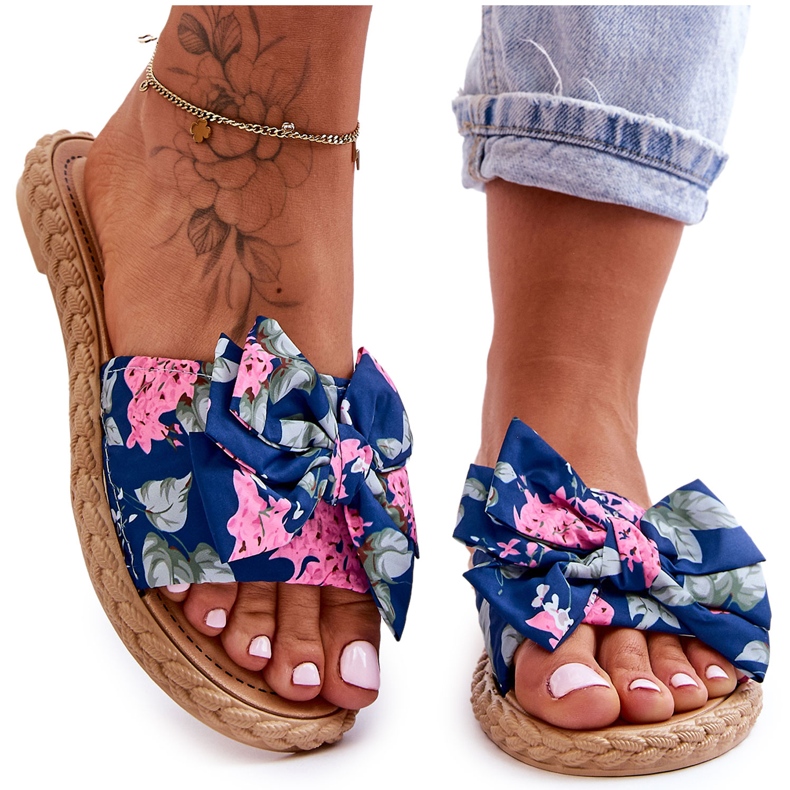 FK1 Chinelos femininos com laço de tecido flor azul marinho