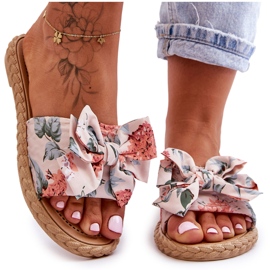 Chinelos femininos com laço de tecido flor bege