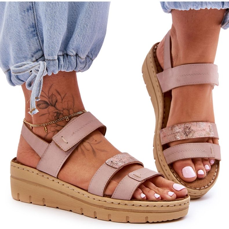 Vinceza Sandálias femininas de couro com velcro rosa Fresh Look