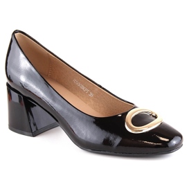 Sapatos femininos de couro envernizado com salto decorativo preto Vinceza 10930