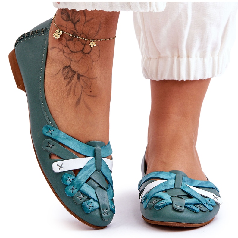Bailarinas femininas de couro Maciejka 01358-36 turquesa verde