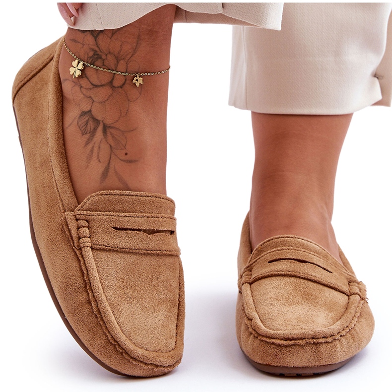 Mocassins femininos de camurça Camel castanho