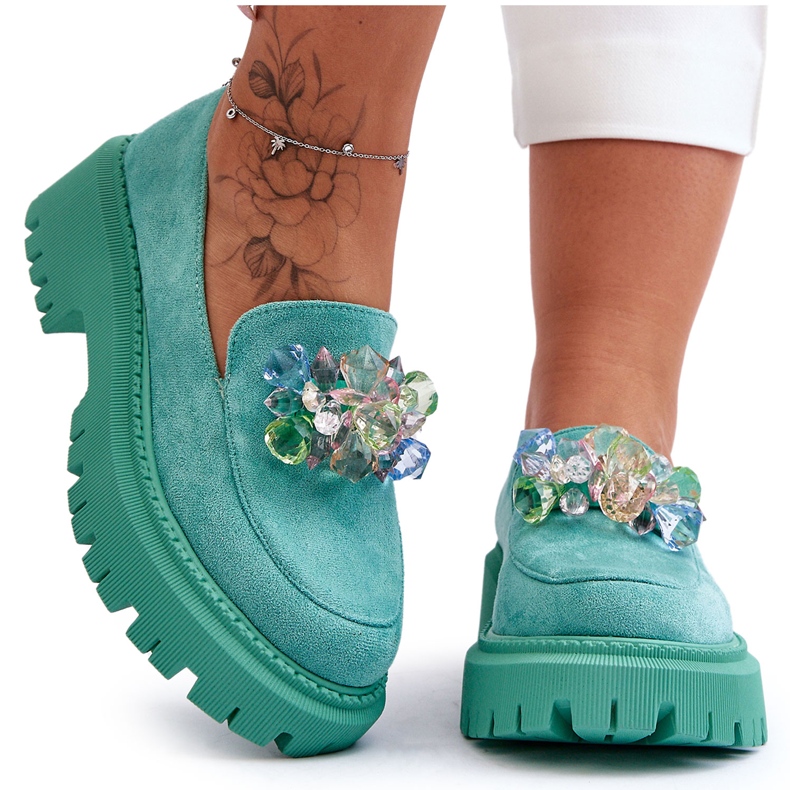 PS1 Mocassim feminino com cristais decorativos verde Avril