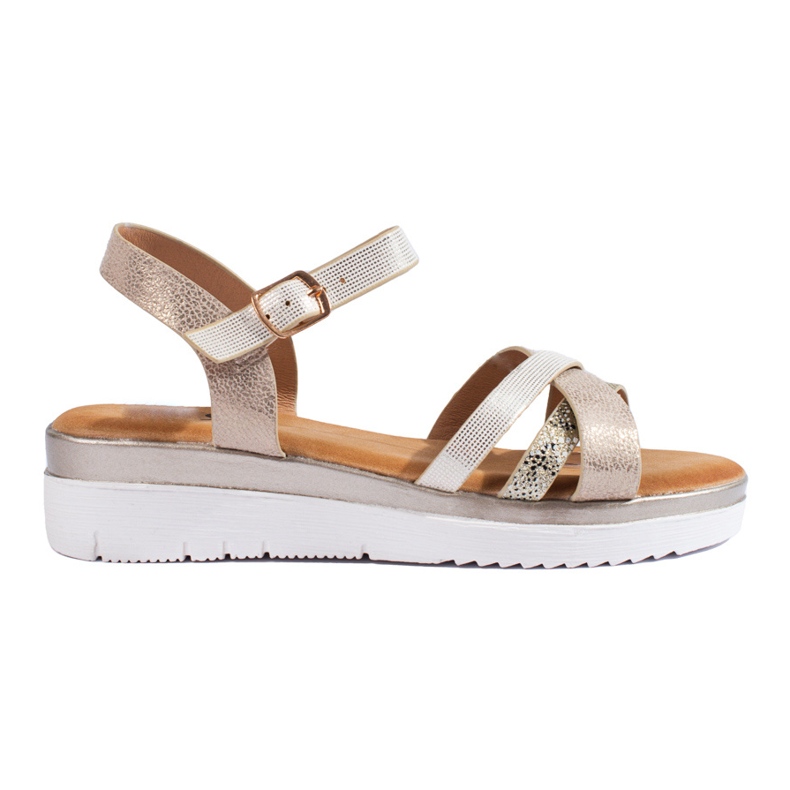 Sandálias confortáveis ​​de salto baixo Shelovet bege e dourado