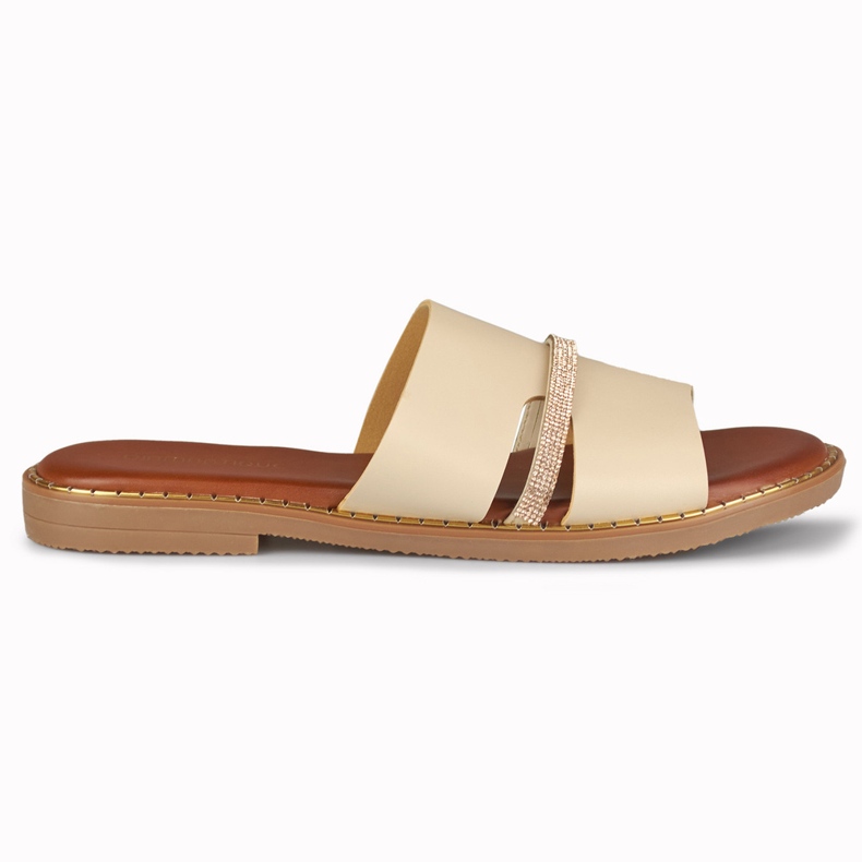 Chinelos femininos bege elegantes com uma decoração