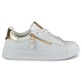 Sapatos esportivos femininos com zíper dourado branco