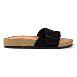 Sliders pretos de senhora com fivela