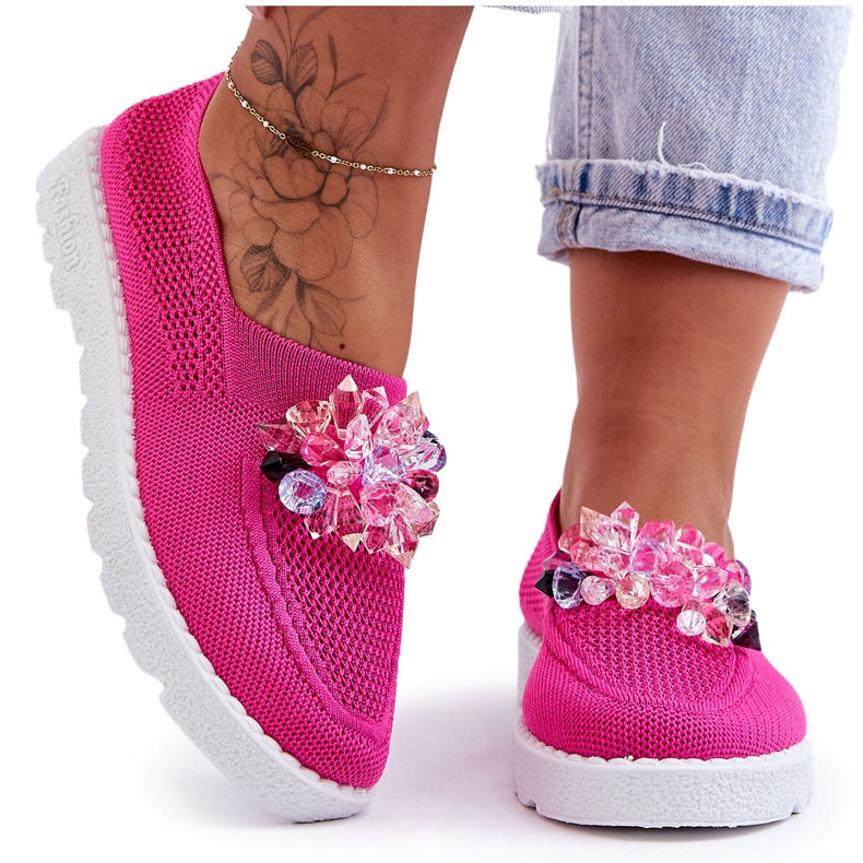 PM1 Tênis feminino sem cadarço com pedras fúcsia simples rosa