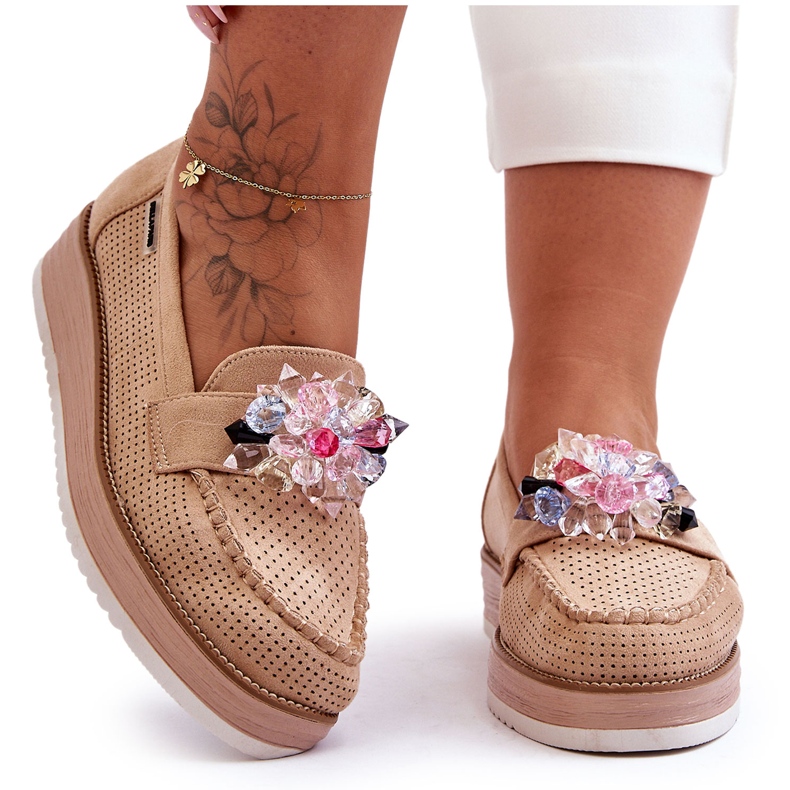 PM1 Mocassim feminino plataforma com pedras bege Elonore PM1 Mocassim feminino plataforma com pedras bege Elonore