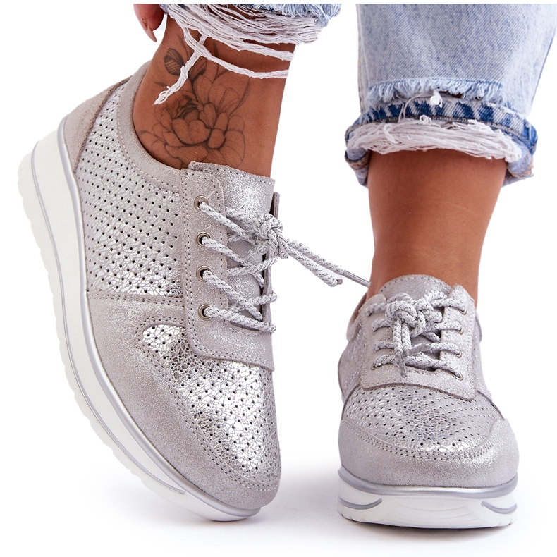 Sapatos esportivos de couro com perfuração S.Barski AL22246 prata