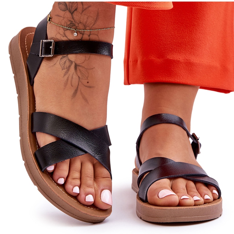 Sandálias femininas clássicas pretas talisma de couro preto