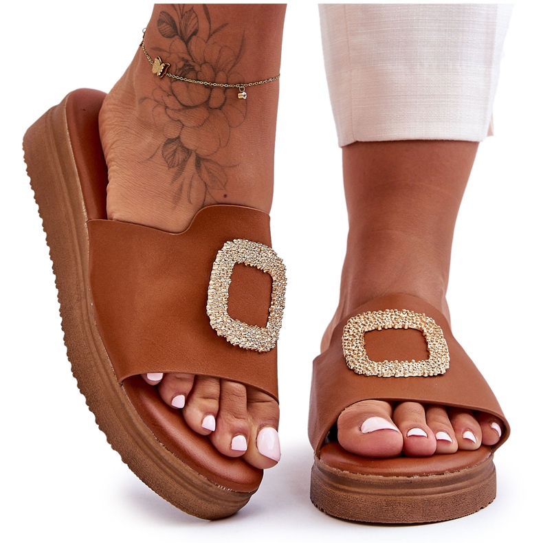 Chinelos plataforma femininos Denicia marrom com decoração castanho