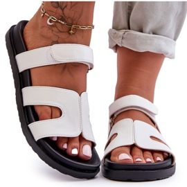 Chinelos femininos clássicos de couro com velcro branco Amedon