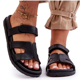 Chinelos femininos clássicos de couro com velcro preto Amedon