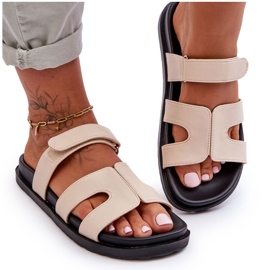 Chinelos femininos clássicos de couro com velcro bege Amedon