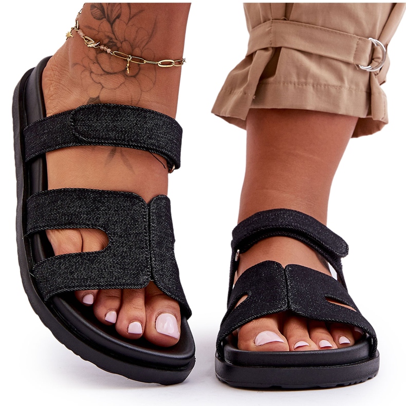 Chinelos femininos de tecido com velcro preto Jose