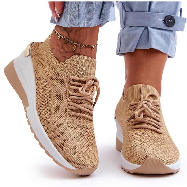 PG1 Tênis esportivo sem cadarço de tecido bege Visconti Wedge