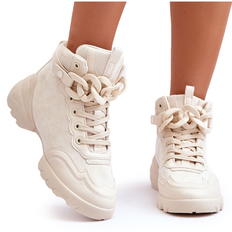 PS1 Tênis esportivo feminino camurça com corrente bege Tymagio