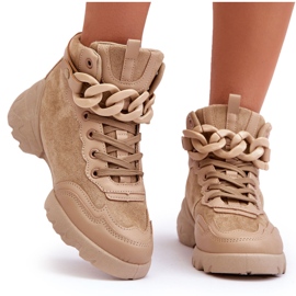 PS1 Tênis esportivo feminino camurça com corrente bege escuro Tymagio