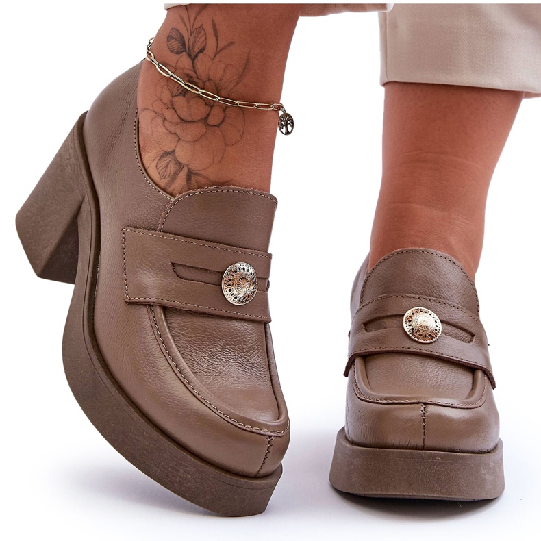 Lemar Sapatos femininos de couro com salto bege escuro Dunadia