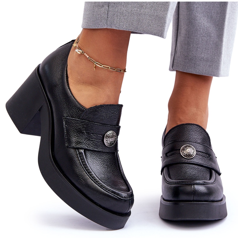 Lemar Sapatos femininos de couro com salto preto Dunadia
