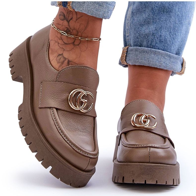 Laura Messi Sapatos Femininos de Couro com Decoração Bege Escuro Rosefalls