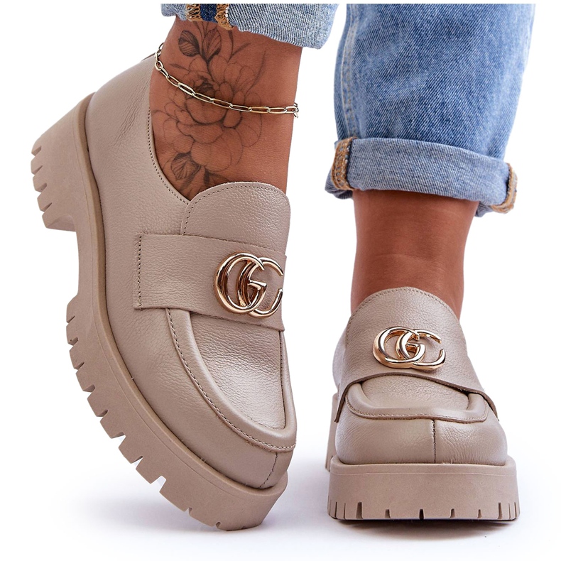 Laura Messi Sapatos femininos de couro com decoração de cascata bege