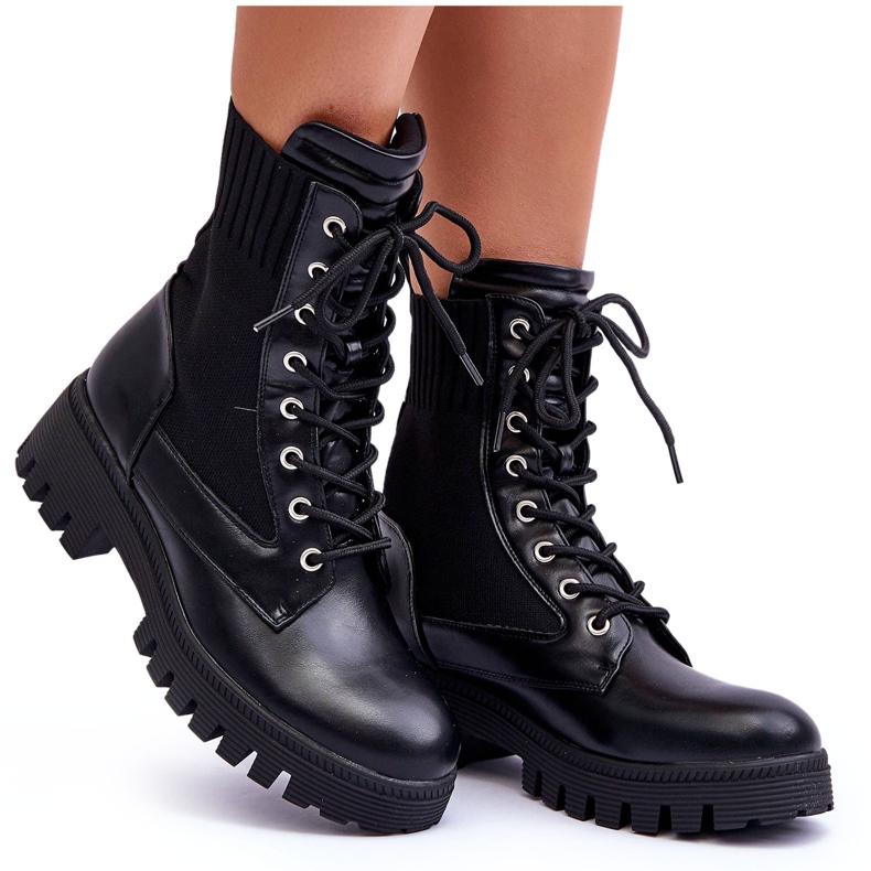 FD1 Botas femininas trabalhadoras com meia preta melaste preto