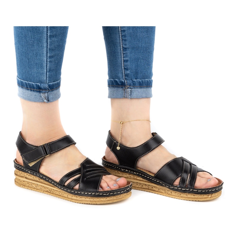 WASAK Sandálias cómodas de mulher em pele 0658W pretas preto