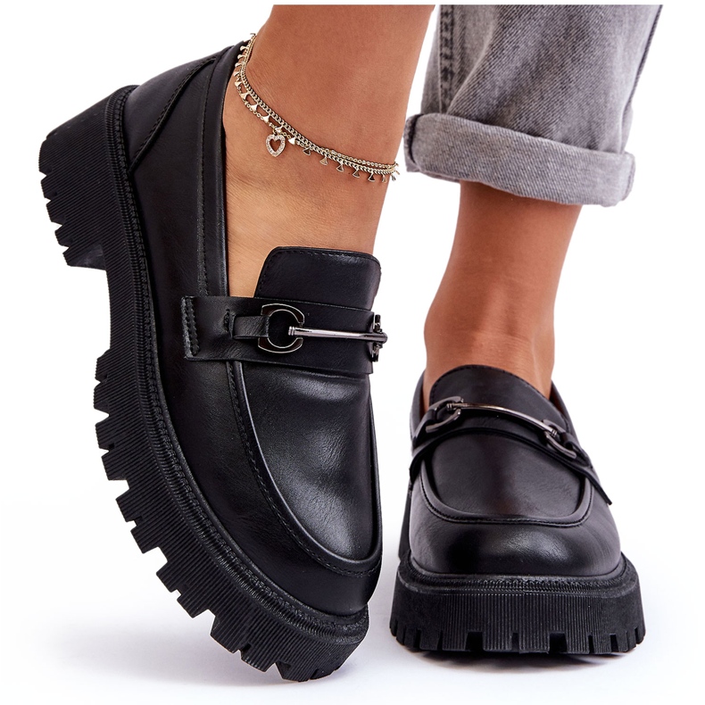 PE1 Mocassim feminino couro plataforma preto Detes