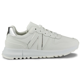 Sapatilhas brancas de mulher com debrum prateado branco