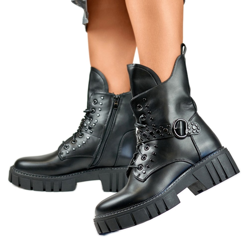 Botas rock femininas com fivela decorativa preto