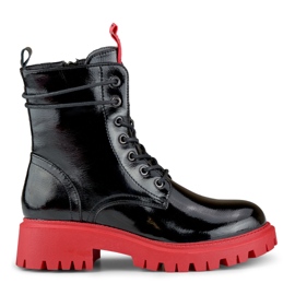 Botas de trabalho de mulher pretas lacadas com sola vermelha preto