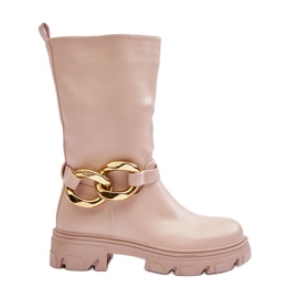 Botas de couro com salto plano Bege Diominna