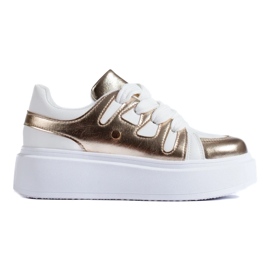 Tênis plataforma alta dourado e branco da Shelovet