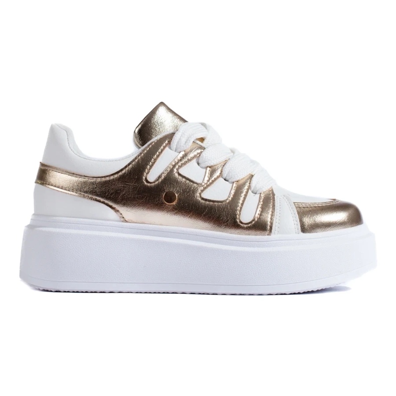 Tênis plataforma alta dourado e branco da Shelovet
