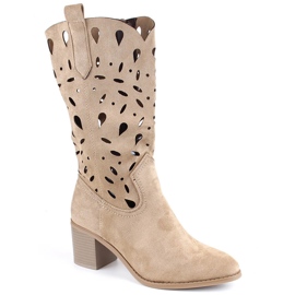 M. DASZYŃSKI Botas de cowboy femininas quentes com aberturas bege M.Daszyński MR2337-3 M. DASZYŃSKI Botas de cowboy femininas quentes com aberturas bege M.Daszyński MR2337-3