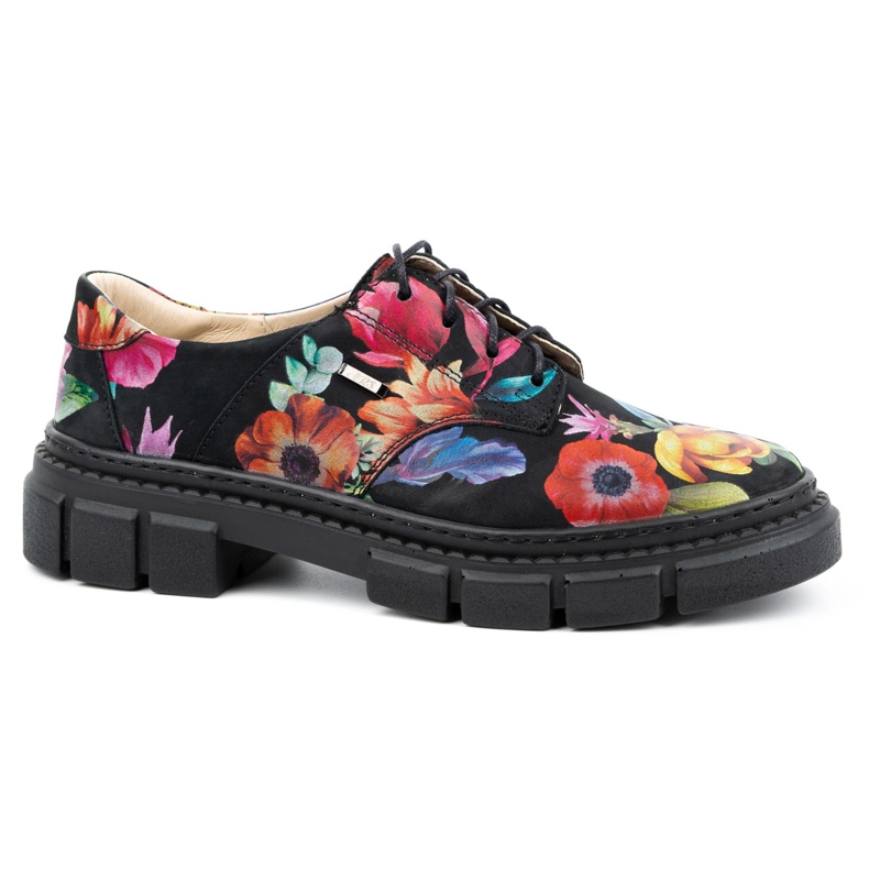 ARS Sapatos femininos de couro com sola grossa e flores 1163 preto