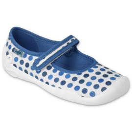 Chinelos infantis Befado com velcro, bolinhas 114Y495, azul e branco Chinelos infantis Befado com velcro, bolinhas 114Y495, azul e branco