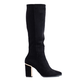 Botas Shelovet pretas elegantes de camurça e salto alto preto Botas Shelovet pretas elegantes de camurça e salto alto preto