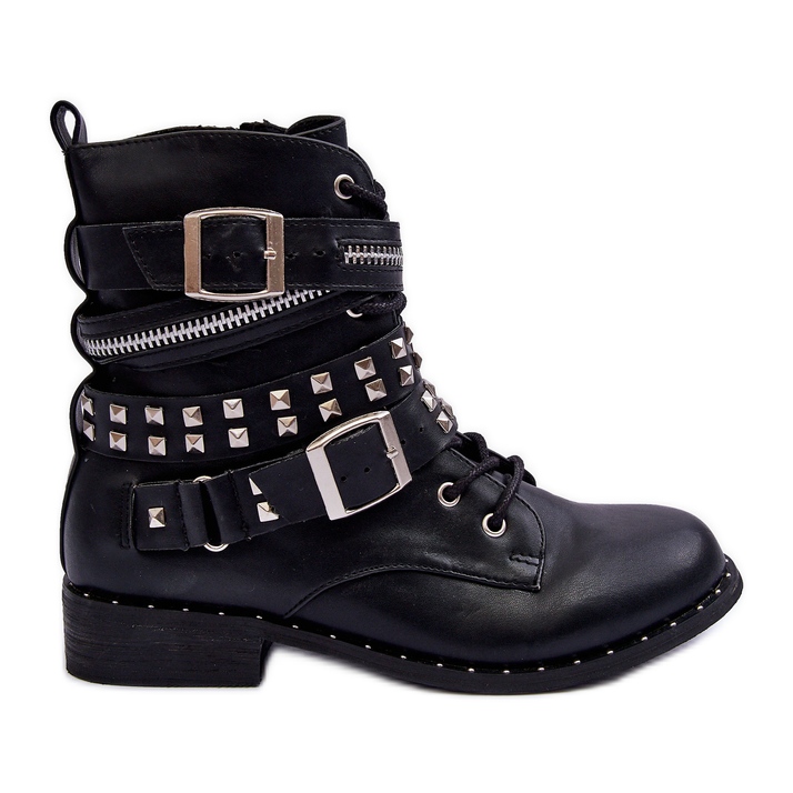 LU BOO Botins infantis com tachas, zíper e fivelas, pretos LU BOO Botins infantis com tachas, zíper e fivelas, pretos