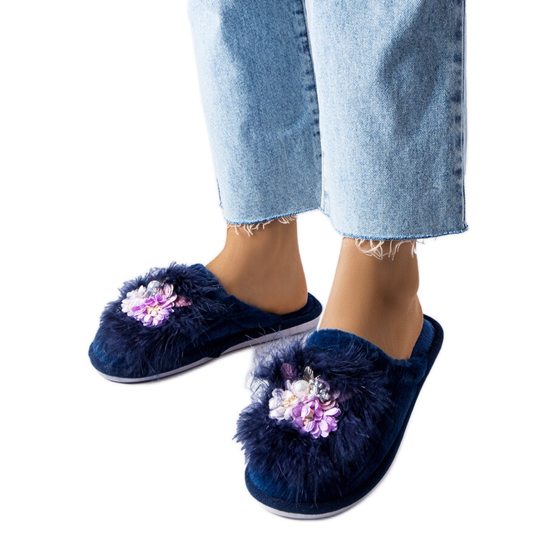 Chinelos quentes azul marinho com flores Moly