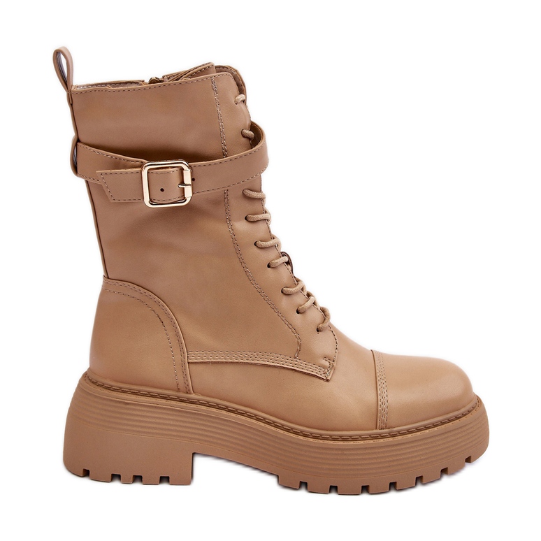 Botas de trabalho de couro com salto plano e fivela, Bege Samivlo