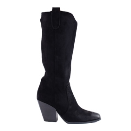 Botas de cowboy femininas de camurça preta e salto alto Shelovet preto Botas de cowboy femininas de camurça preta e salto alto Shelovet preto