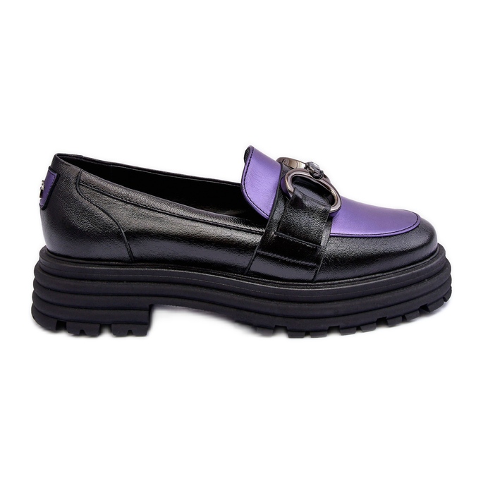Laura Messi Mocassins femininos de couro com salto plano preto e roxo Elkiza