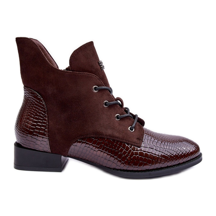 Vinceza Botins de couro marrom com salto plano com padrão animal Tianeta castanho