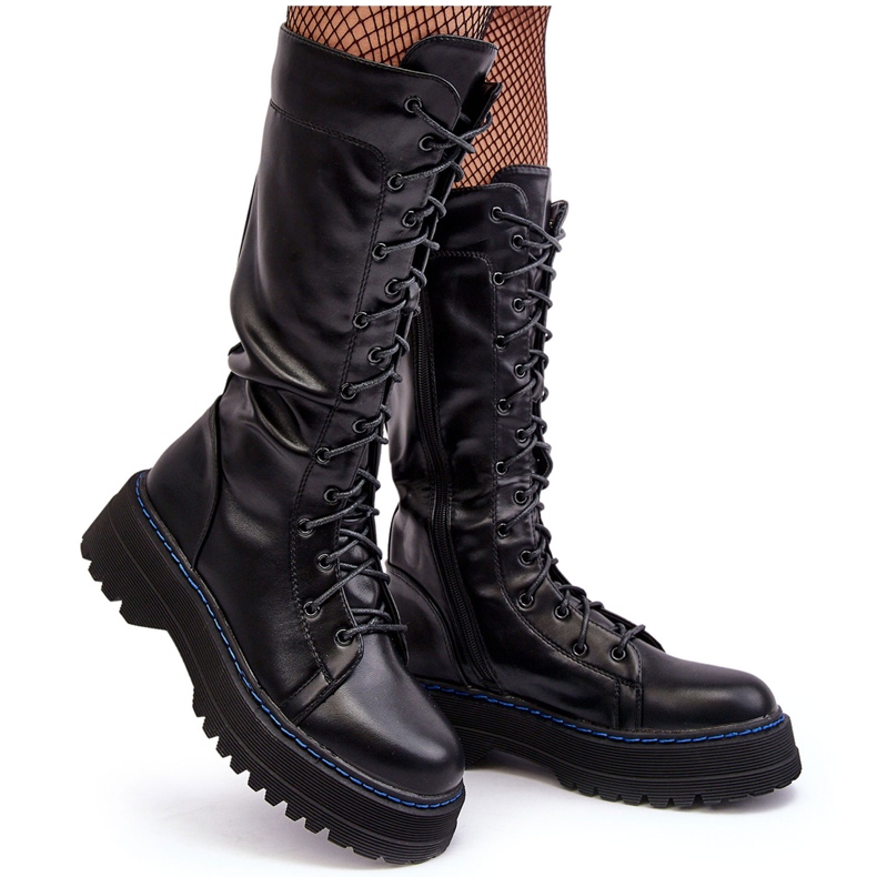 Botas de couro, botas com cadarço e zíper, Zoraida preta preto